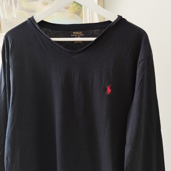POLO RL navy v-neck long-sleeved shirt w/ red logo - Picture 2 of 3